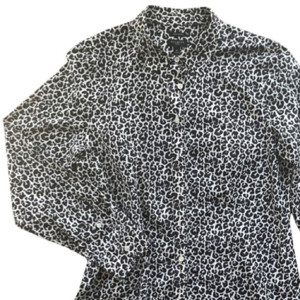 Talbots Leopard Print Buttom Down Shirt Wrinkle Resistant Black White 8P